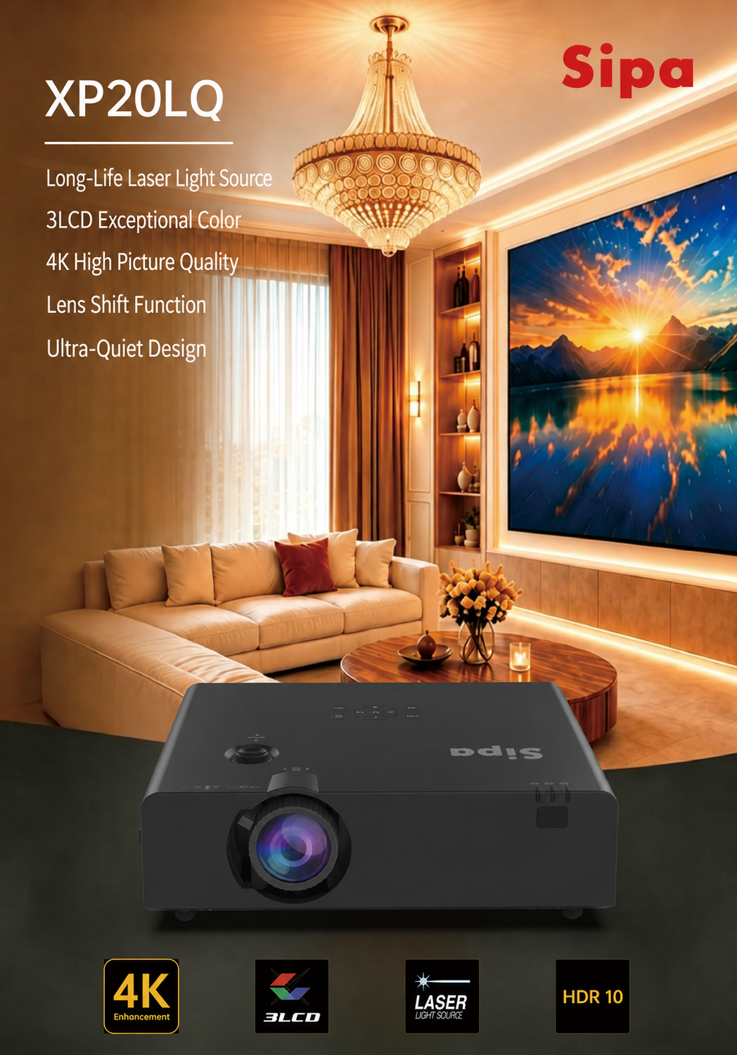 Sipa XP20LQ 4K Laser 3LCD Home Cinema Projector Sipa XP20LQ 4K Laser 3LCD Home Cinema Projector