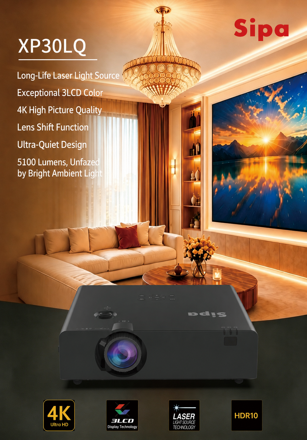 Sipa XP30LQ 4K Laser 3LCD Home Cinema Projector Sipa XP20LQ 4K Laser 3LCD Home Cinema Projector