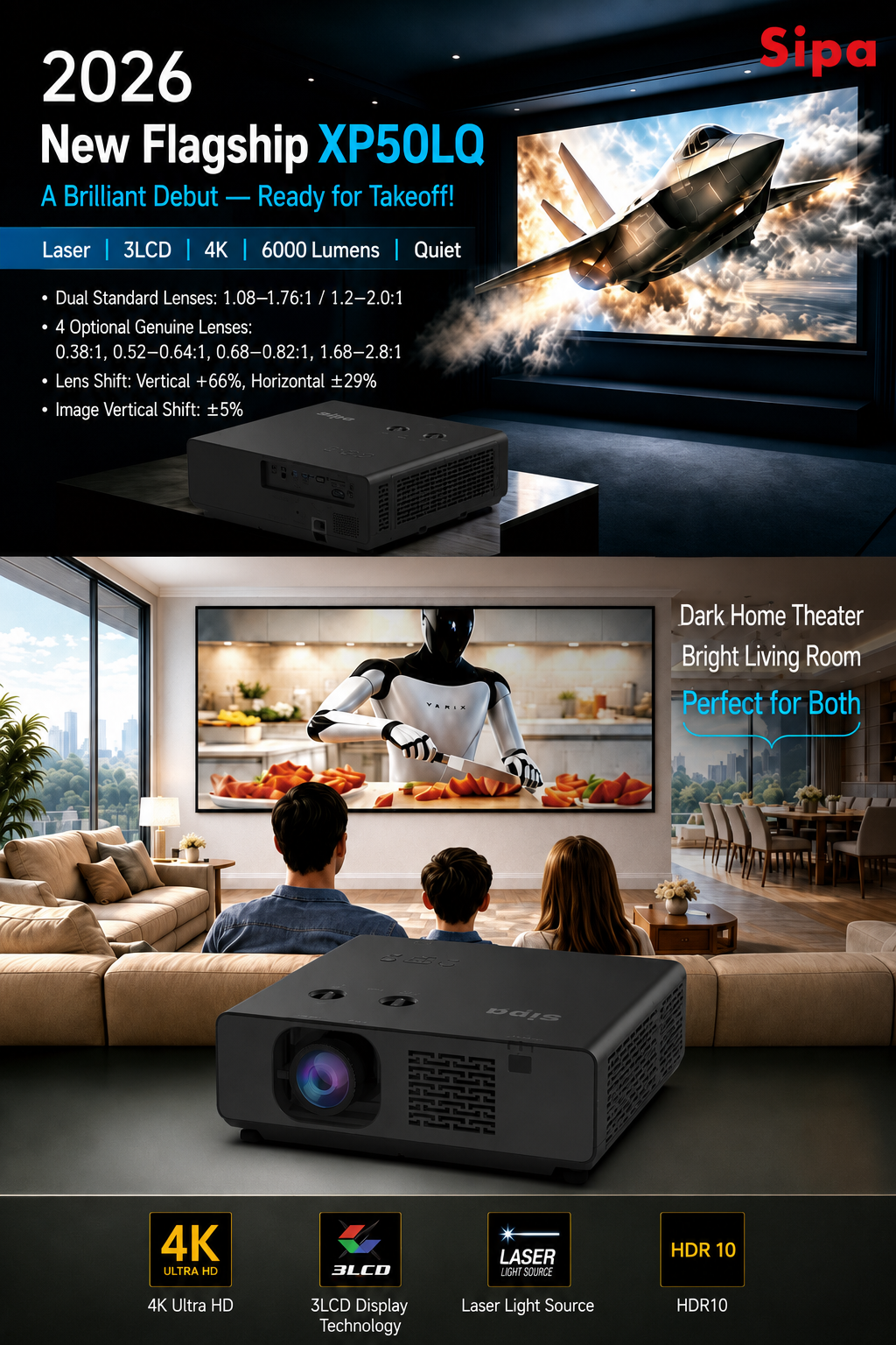 Sipa XP50LQ 4K Laser 3LCD Home Cinema Projector Sipa XP50LQ 4K Laser 3LCD Home Cinema Projector