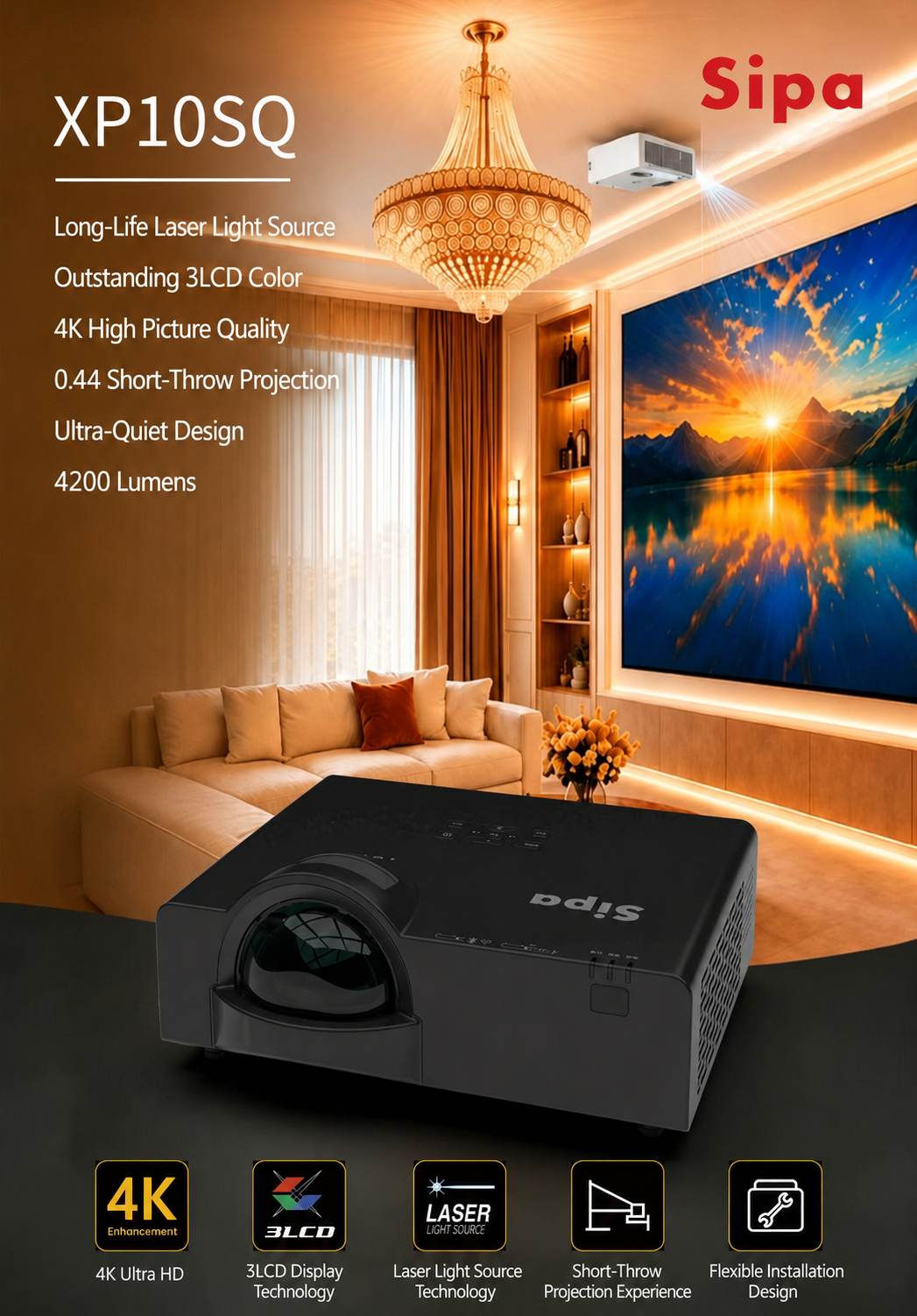 Sipa XP10SQ 4K Laser 3LCD Short Throw Home Cinema Projector Sipa XP10SQ 4K Laser 3LCD Short Throw Home Cinema Projector