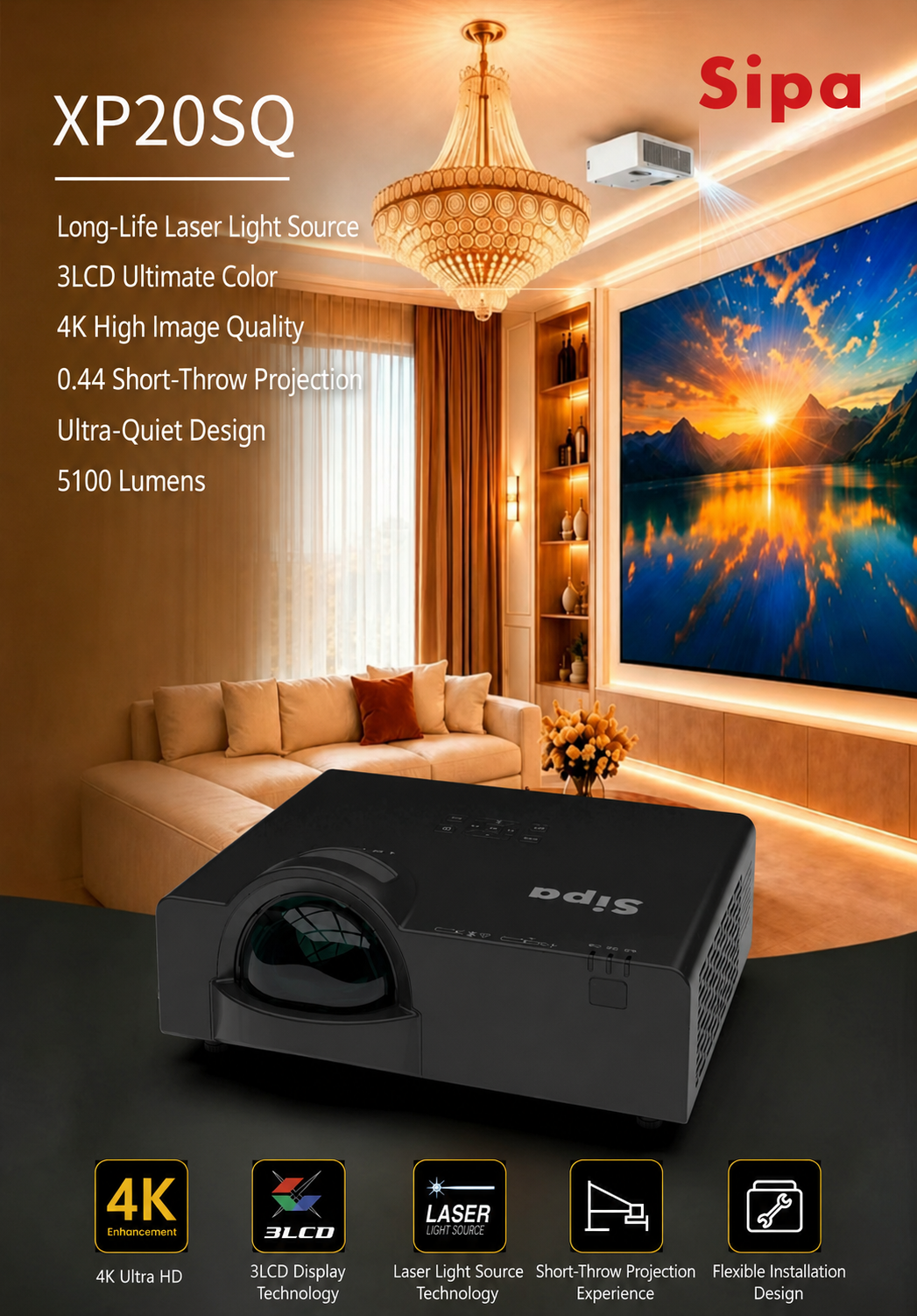 Sipa XP10SQ 4K Laser 3LCD Short Throw Home Cinema Projector Sipa XP10SQ 4K Laser 3LCD Short Throw Home Cinema Projector